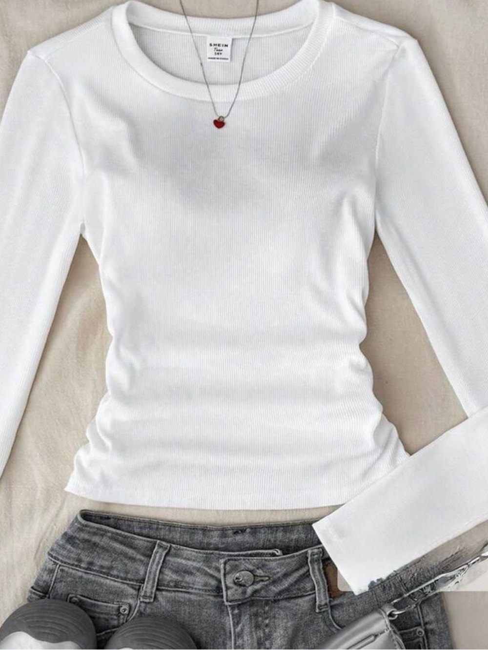 SHEIN Girls White Ribbed Slim-Fit Long Sleeve Crewneck Top